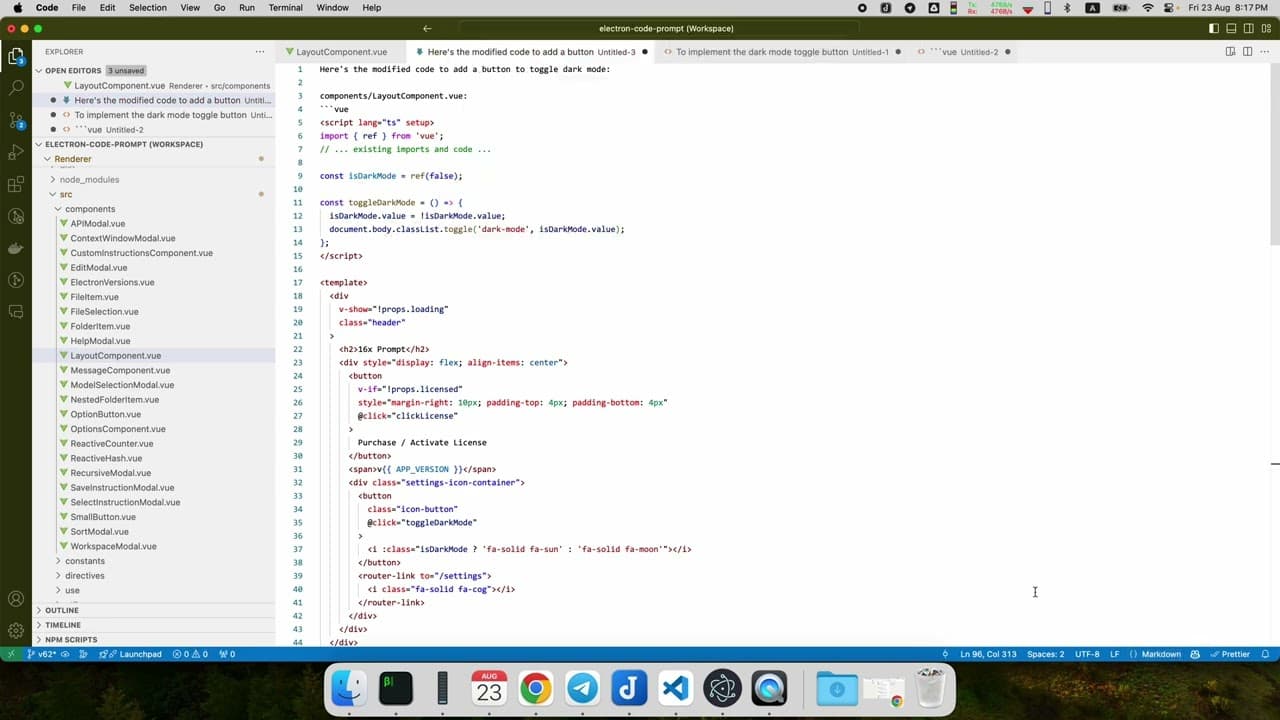 Using 16x Prompt to add dark mode to 16x Prompt
