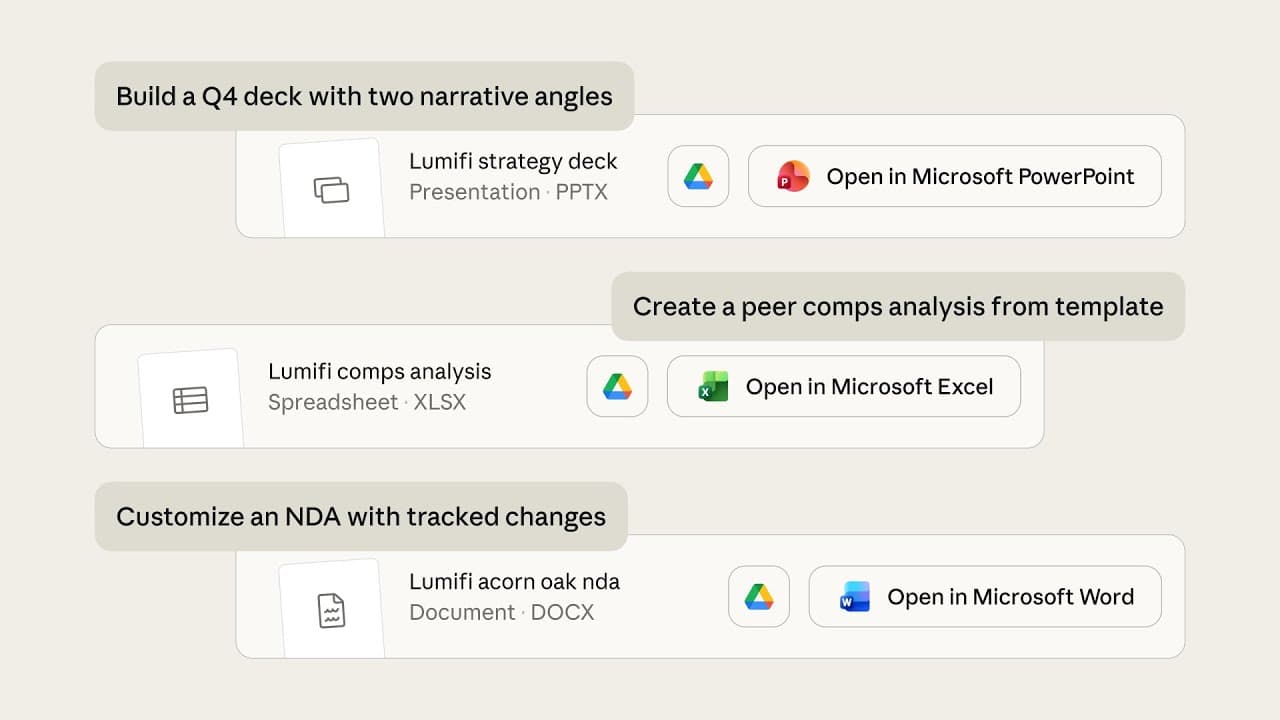 Claude works with you on slides, spreadsheets, and contract redlines